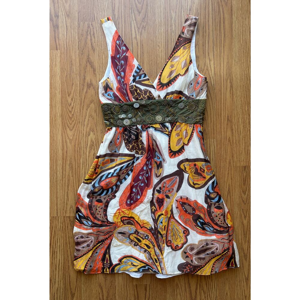 Cotton Paisley Empire Waist Dress w/ Beaded Embellished Waist